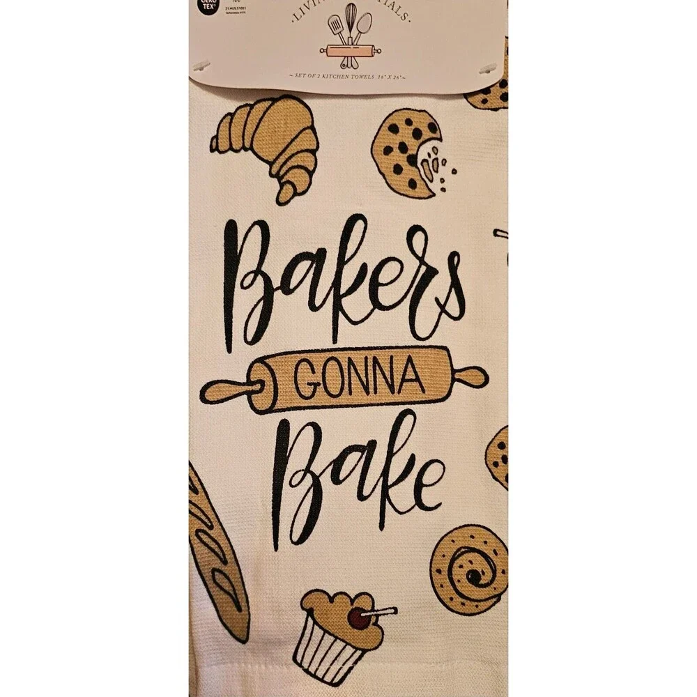 Bakers Gonna Bake Set of 2 Kitchen Towel Cupcake Croissant Rolling Pin Bread NEW